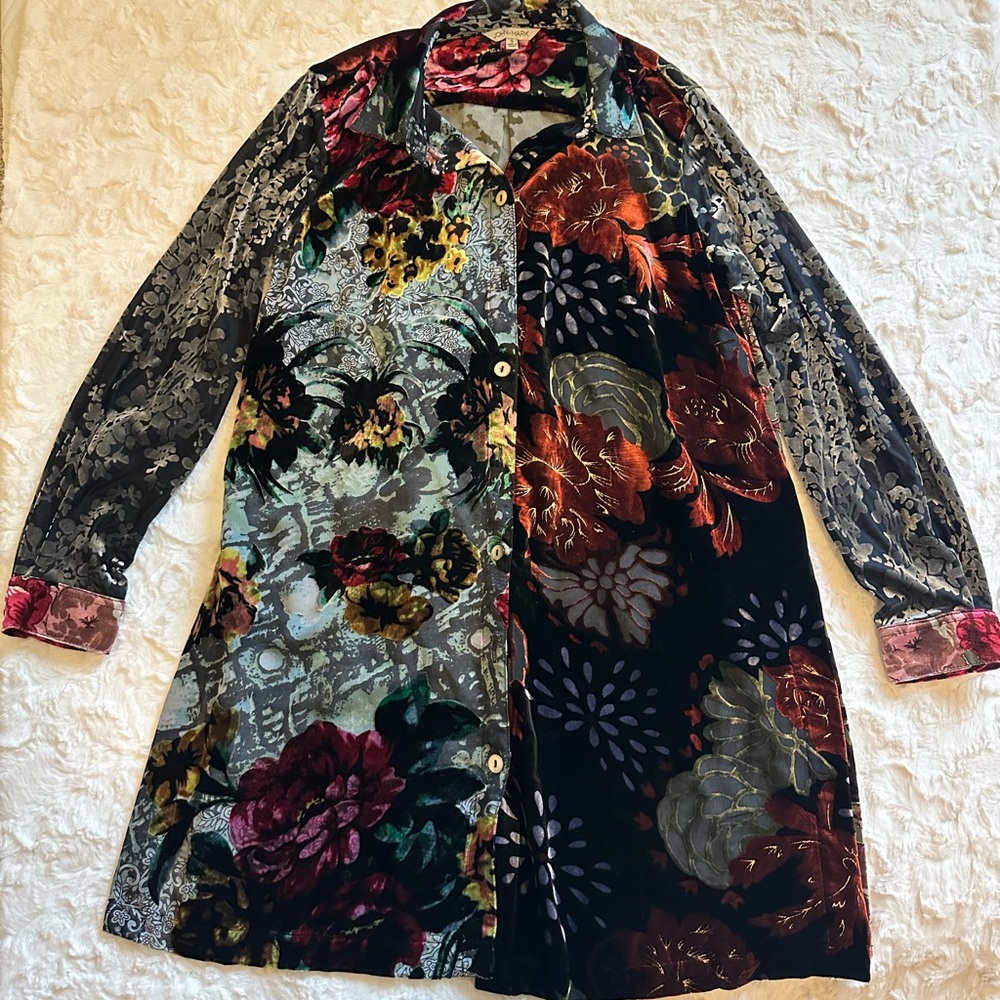 John Mark Multicolor Floral Velvet Long Button Shirt